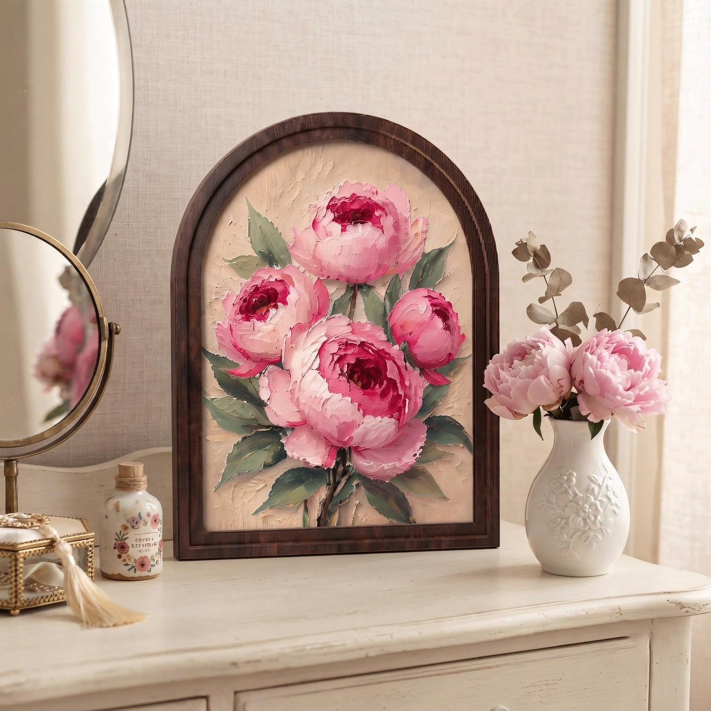 Blush Peony Bouquet Wall Art, Soft Pink Floral Painting in Arched Wood Frame, Vintage Garden Decor, Feminine Bedroom Artwork, Home Accent - Image 4