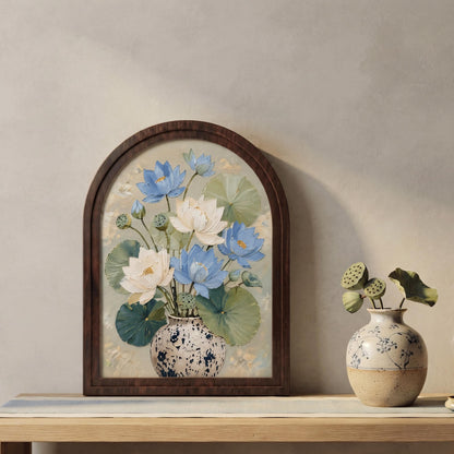 Botanical Lotus Wall Art, Arched Wooden Frame Canvas, Blue & Ivory Lotus Flowers with Lily Pads, Tranquil Nature Decor, Housewarming Gift - Image 6