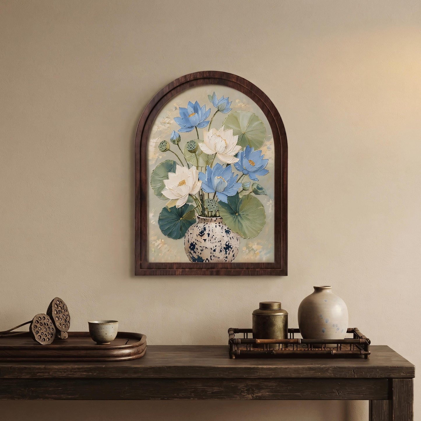 Botanical Lotus Wall Art, Arched Wooden Frame Canvas, Blue & Ivory Lotus Flowers with Lily Pads, Tranquil Nature Decor, Housewarming Gift - Image 5