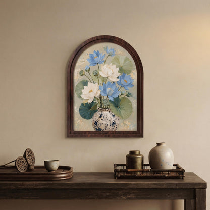 Botanical Lotus Wall Art, Arched Wooden Frame Canvas, Blue & Ivory Lotus Flowers with Lily Pads, Tranquil Nature Decor, Housewarming Gift - Image 5