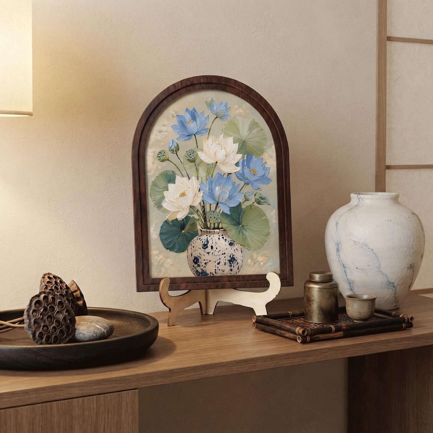 Botanical Lotus Wall Art, Arched Wooden Frame Canvas, Blue & Ivory Lotus Flowers with Lily Pads, Tranquil Nature Decor, Housewarming Gift - Image 4