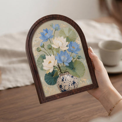 Botanical Lotus Wall Art, Arched Wooden Frame Canvas, Blue & Ivory Lotus Flowers with Lily Pads, Tranquil Nature Decor, Housewarming Gift - Image 3