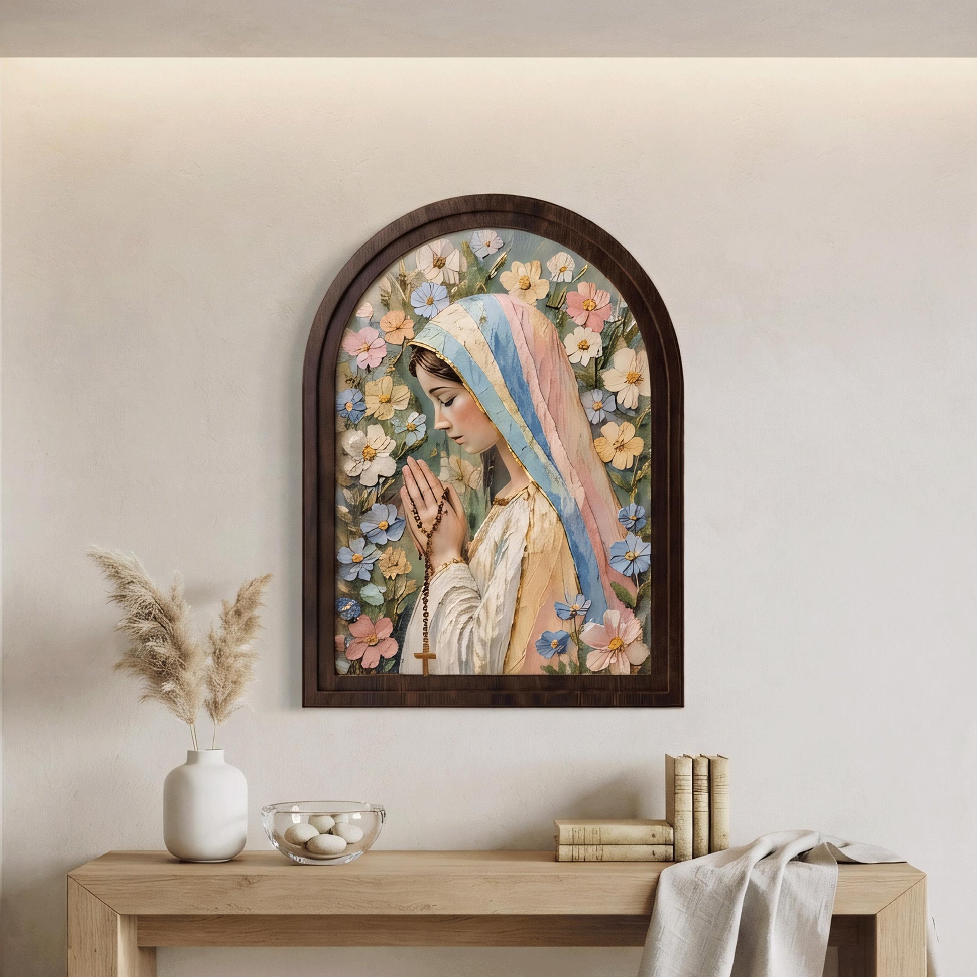 Serene Virgin Mary Floral Wall Art, Textured Blessed Mother Prayer Painting, Arched Wood Frame, Christian Home Decor, Catholic Gift - Image 4