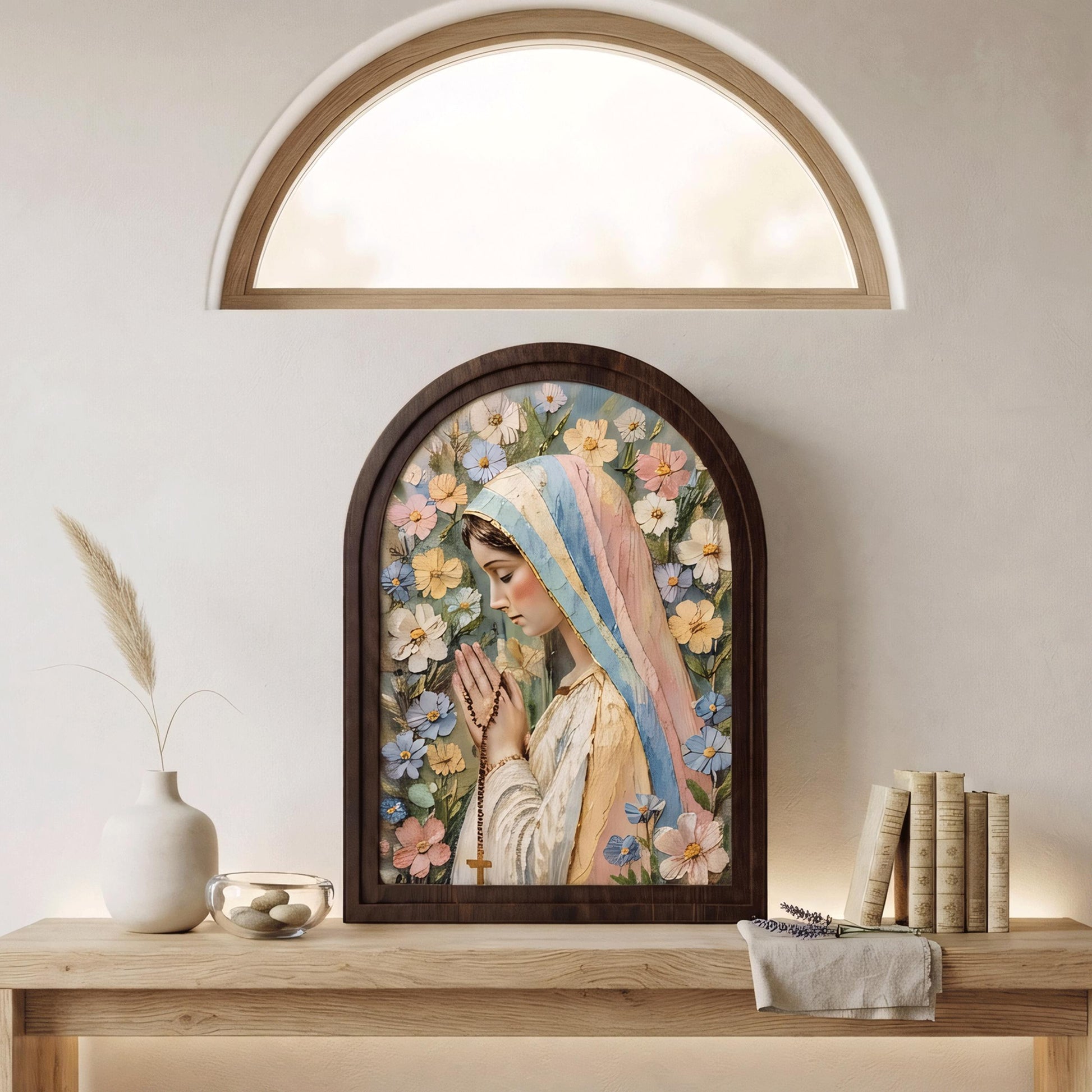 Serene Virgin Mary Floral Wall Art, Textured Blessed Mother Prayer Painting, Arched Wood Frame, Christian Home Decor, Catholic Gift - Image 5