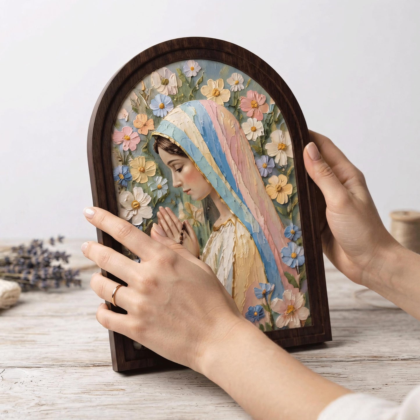 Serene Virgin Mary Floral Wall Art, Textured Blessed Mother Prayer Painting, Arched Wood Frame, Christian Home Decor, Catholic Gift - Image 7