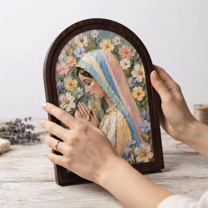 Serene Virgin Mary Floral Wall Art, Textured Blessed Mother Prayer Painting, Arched Wood Frame, Christian Home Decor, Catholic Gift - Image 7