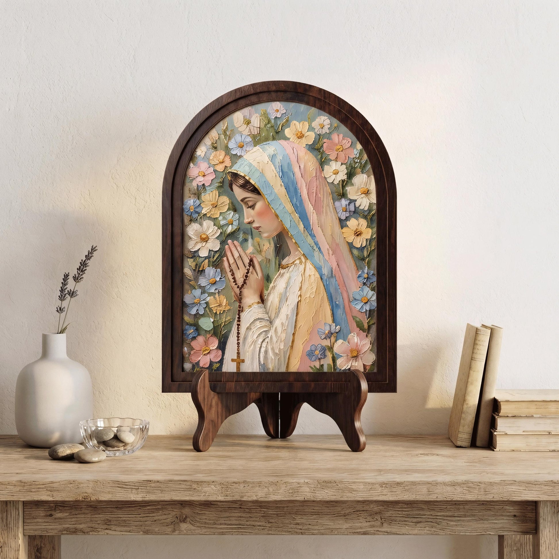 Serene Virgin Mary Floral Wall Art, Textured Blessed Mother Prayer Painting, Arched Wood Frame, Christian Home Decor, Catholic Gift - Image 6