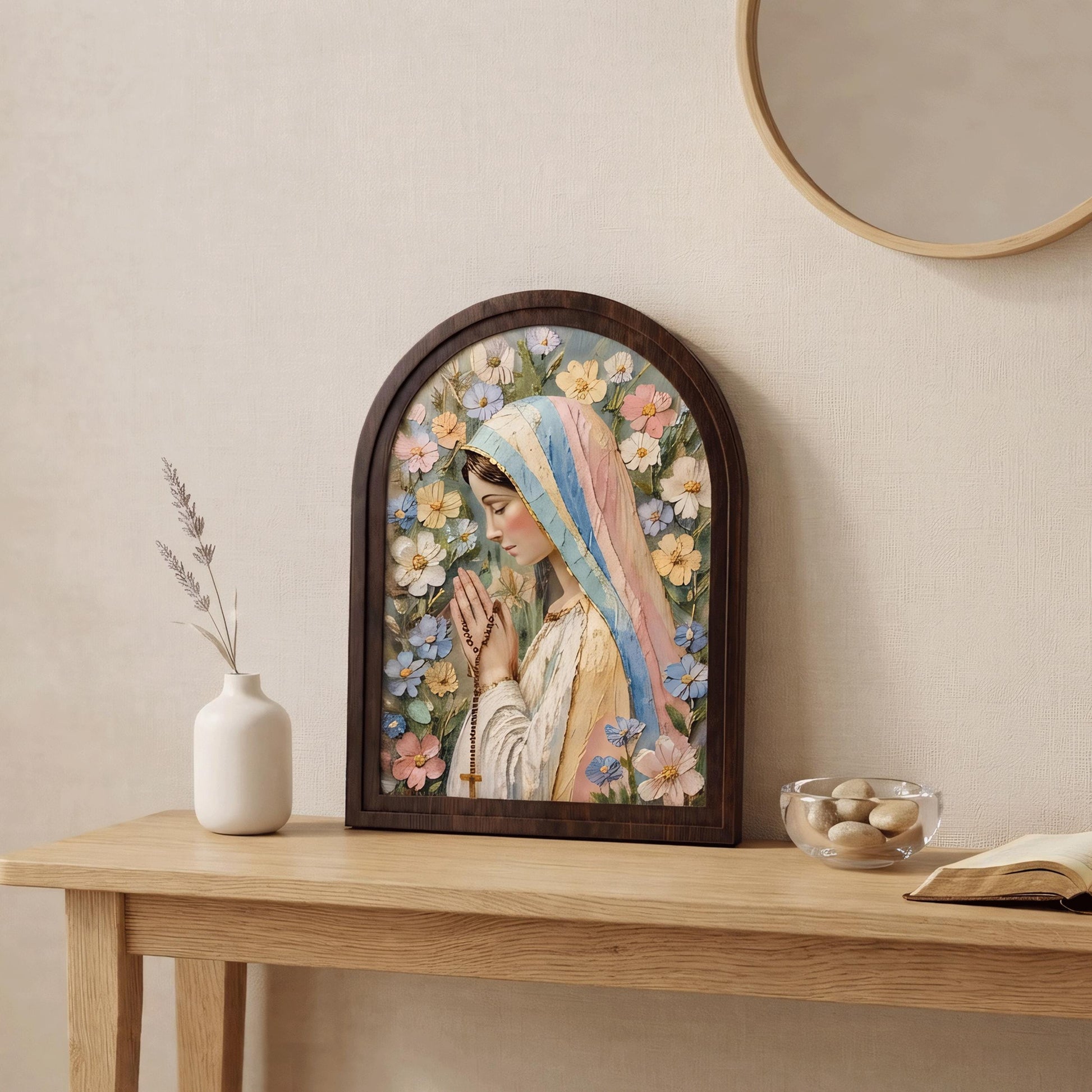 Serene Virgin Mary Floral Wall Art, Textured Blessed Mother Prayer Painting, Arched Wood Frame, Christian Home Decor, Catholic Gift - Image 8