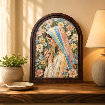 Serene Virgin Mary Floral Wall Art, Textured Blessed Mother Prayer Painting, Arched Wood Frame, Christian Home Decor, Catholic Gift - Image 3