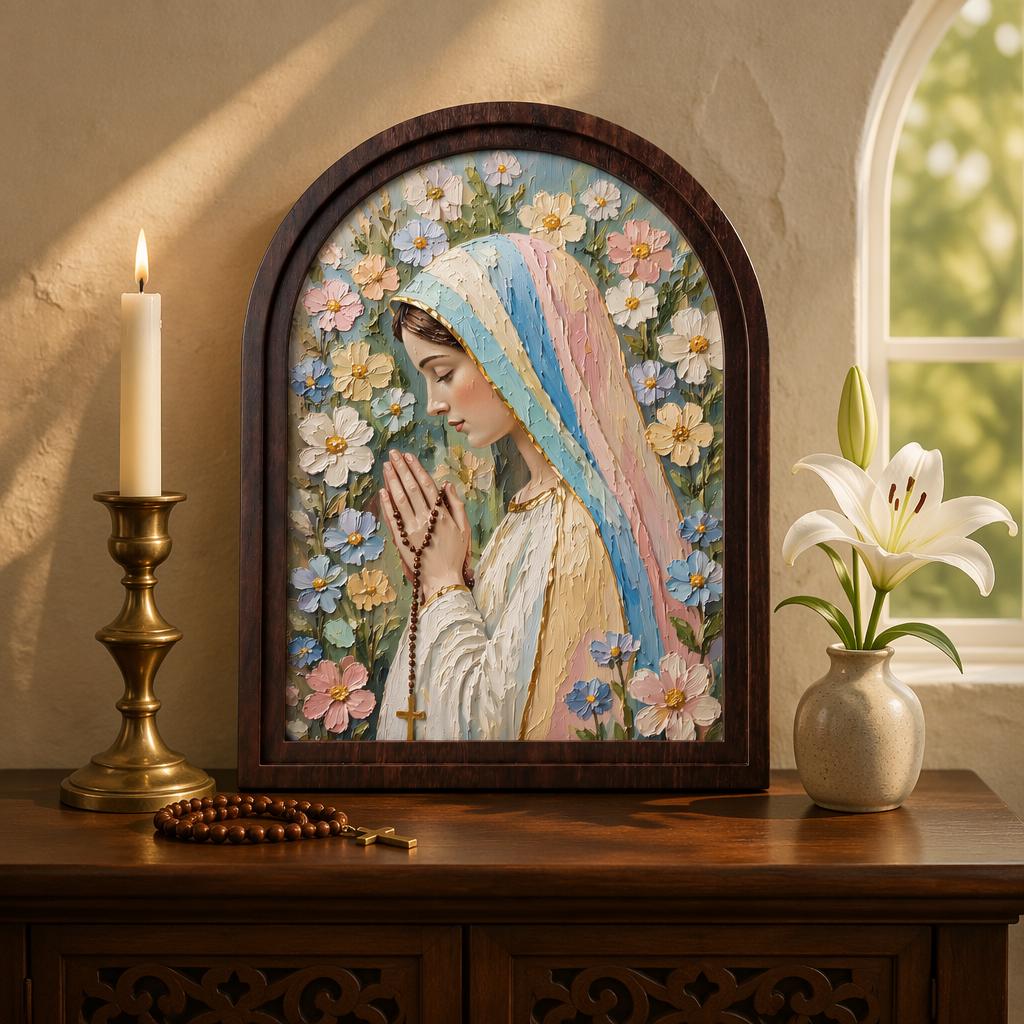 Serene Virgin Mary Floral Wall Art, Textured Blessed Mother Prayer Painting, Arched Wood Frame, Christian Home Decor, Catholic Gift - Image 2