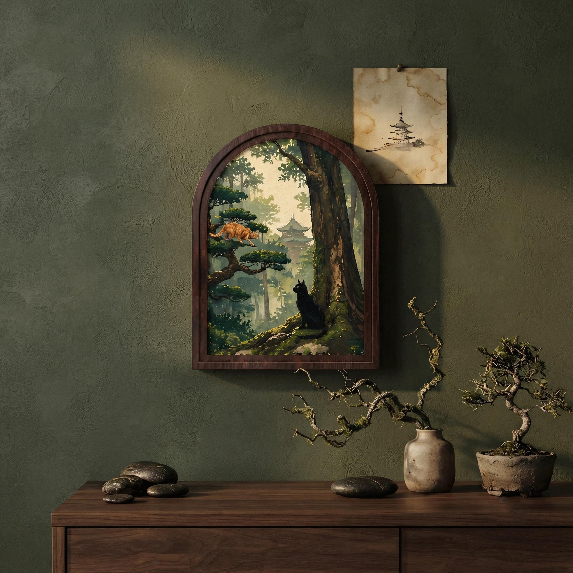 Arched Wood Frame Cat Wall Art, Black & Ginger Cat Forest Canvas Print, Woodland Temple Landscape, Cottagecore Nature Decor, Cat Lover Gift - Image 8