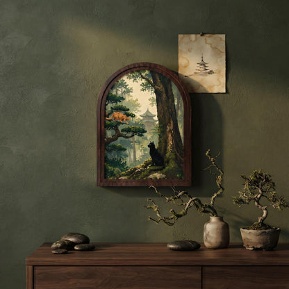 Arched Wood Frame Cat Wall Art, Black & Ginger Cat Forest Canvas Print, Woodland Temple Landscape, Cottagecore Nature Decor, Cat Lover Gift - Image 8