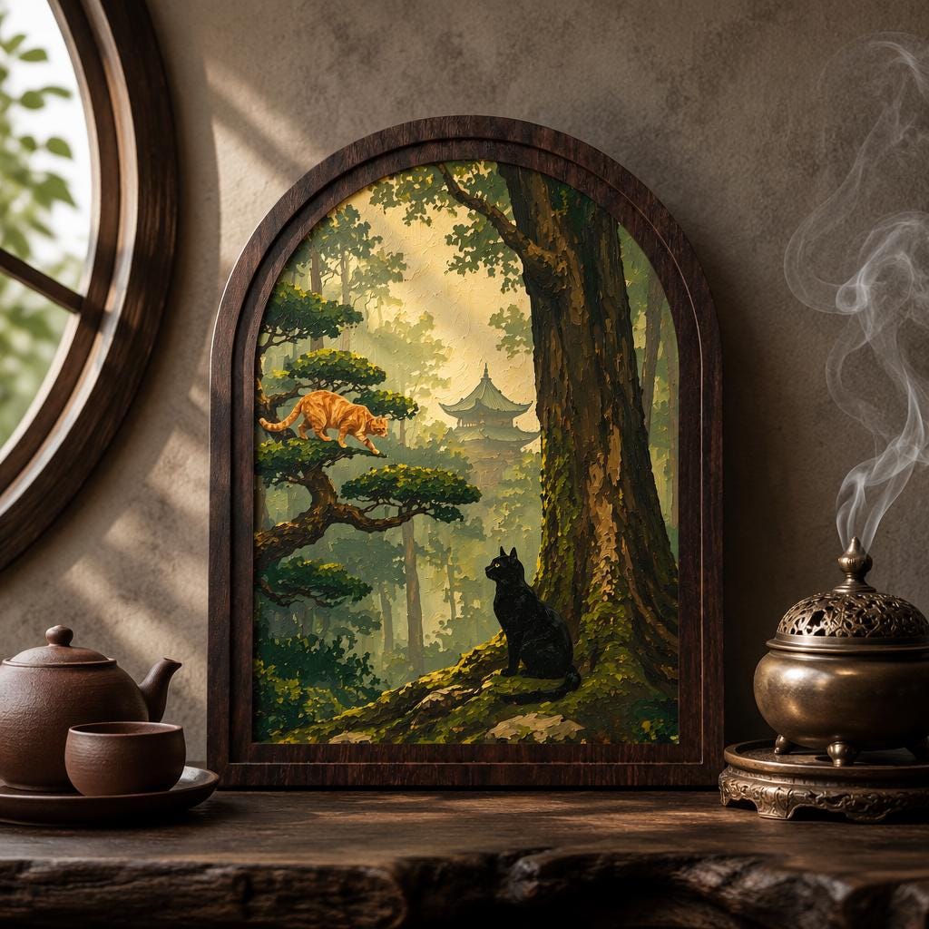 Arched Wood Frame Cat Wall Art, Black & Ginger Cat Forest Canvas Print, Woodland Temple Landscape, Cottagecore Nature Decor, Cat Lover Gift - Image 3