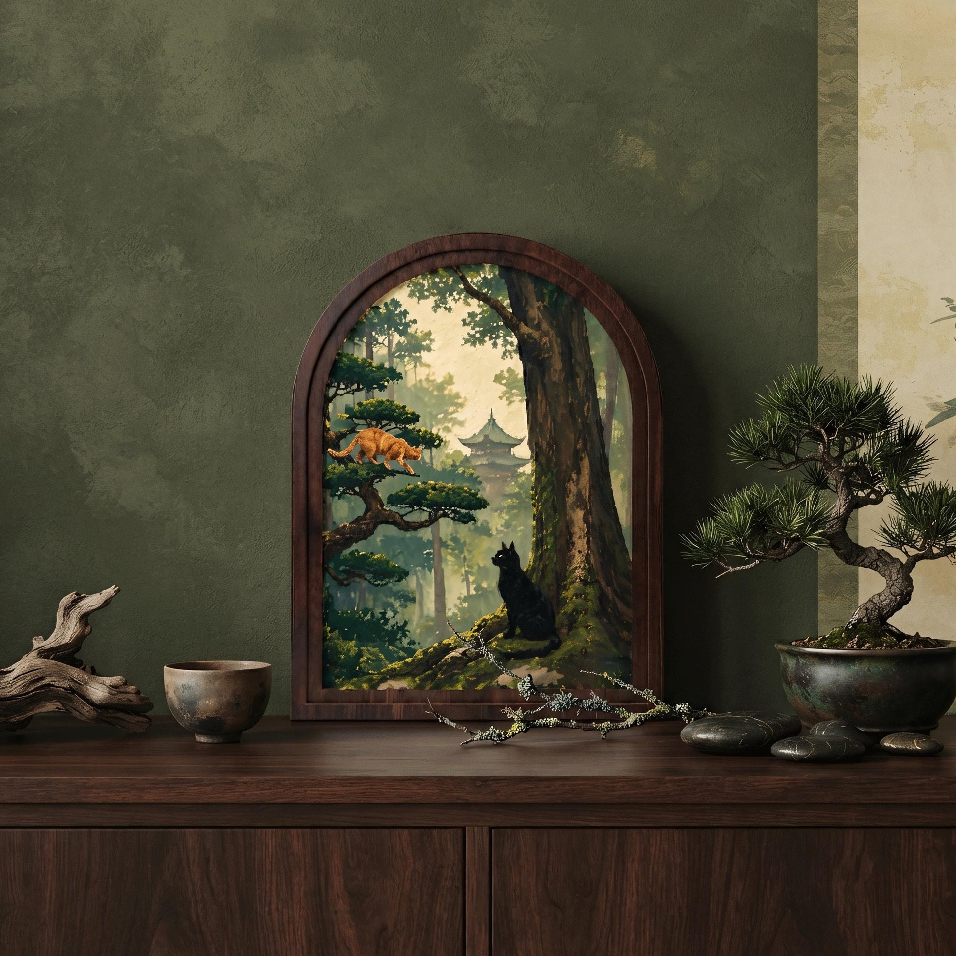 Arched Wood Frame Cat Wall Art, Black & Ginger Cat Forest Canvas Print, Woodland Temple Landscape, Cottagecore Nature Decor, Cat Lover Gift - Image 7