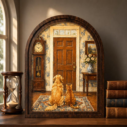 Waiting at the Door Pet Wall Art, Arched Wood Framed Canvas, Dog & Cat Friendship Painting, Cozy Farmhouse Home Decor, Heartwarming Gift - Image 1