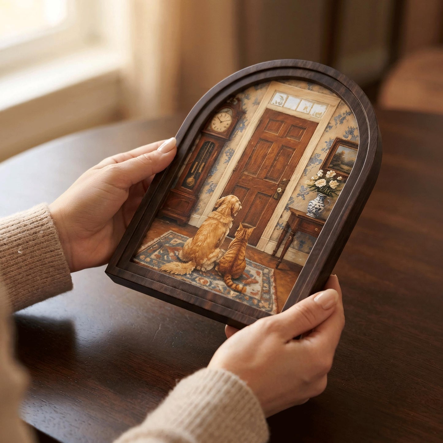 Waiting at the Door Pet Wall Art, Arched Wood Framed Canvas, Dog & Cat Friendship Painting, Cozy Farmhouse Home Decor, Heartwarming Gift - Image 4