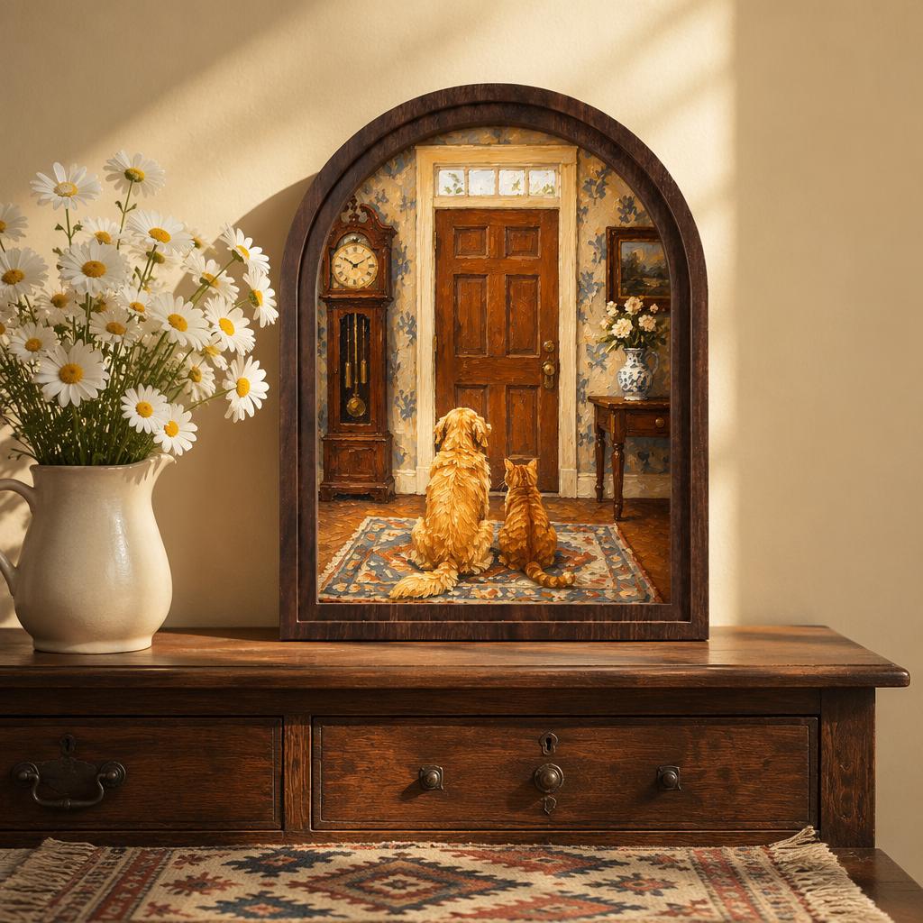 Waiting at the Door Pet Wall Art, Arched Wood Framed Canvas, Dog & Cat Friendship Painting, Cozy Farmhouse Home Decor, Heartwarming Gift - Image 3