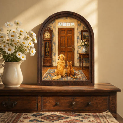 Waiting at the Door Pet Wall Art, Arched Wood Framed Canvas, Dog & Cat Friendship Painting, Cozy Farmhouse Home Decor, Heartwarming Gift - Image 3