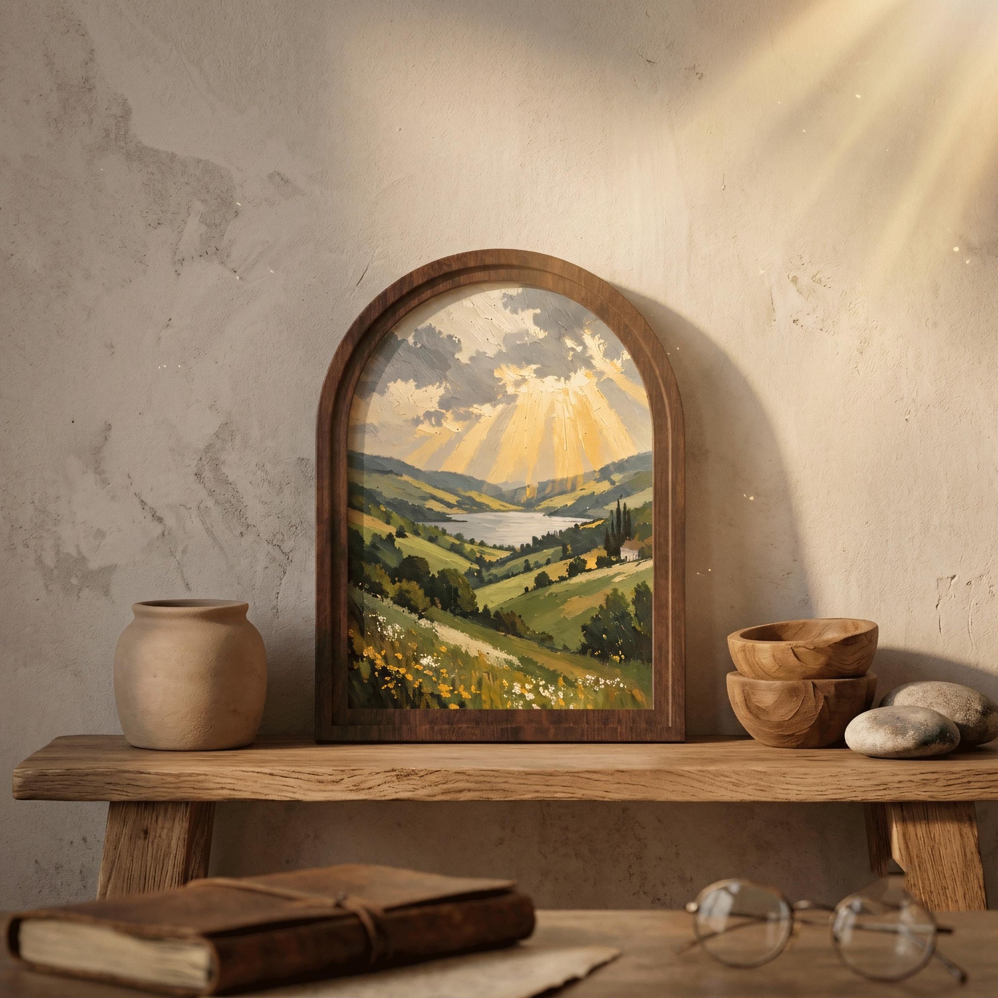 Serene Valley & Lake Wall Art, Arched Wooden Frame, Dramatic Sky Landscape, Rustic Country Home Decor, Nature Lover Housewarming Gift - Image 5