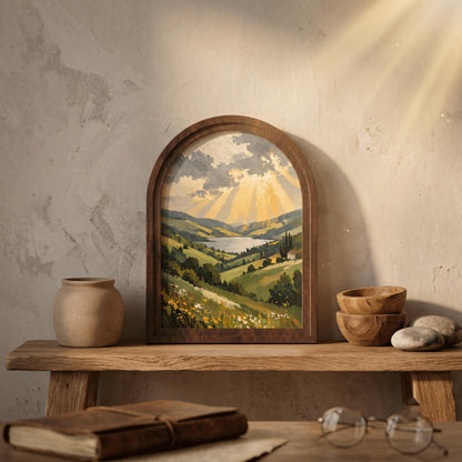 Serene Valley & Lake Wall Art, Arched Wooden Frame, Dramatic Sky Landscape, Rustic Country Home Decor, Nature Lover Housewarming Gift - Image 5