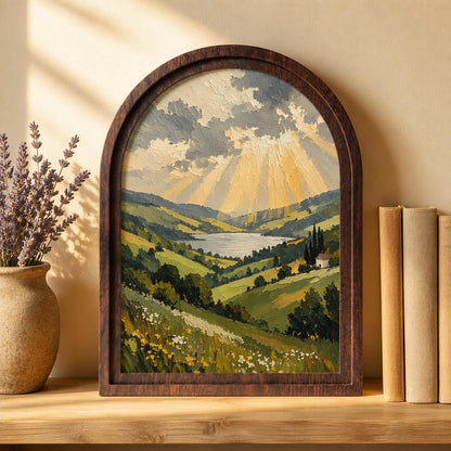 Serene Valley & Lake Wall Art, Arched Wooden Frame, Dramatic Sky Landscape, Rustic Country Home Decor, Nature Lover Housewarming Gift - Image 2