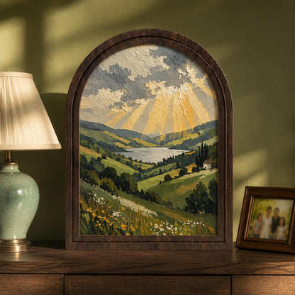 Serene Valley & Lake Wall Art, Arched Wooden Frame, Dramatic Sky Landscape, Rustic Country Home Decor, Nature Lover Housewarming Gift - Image 1