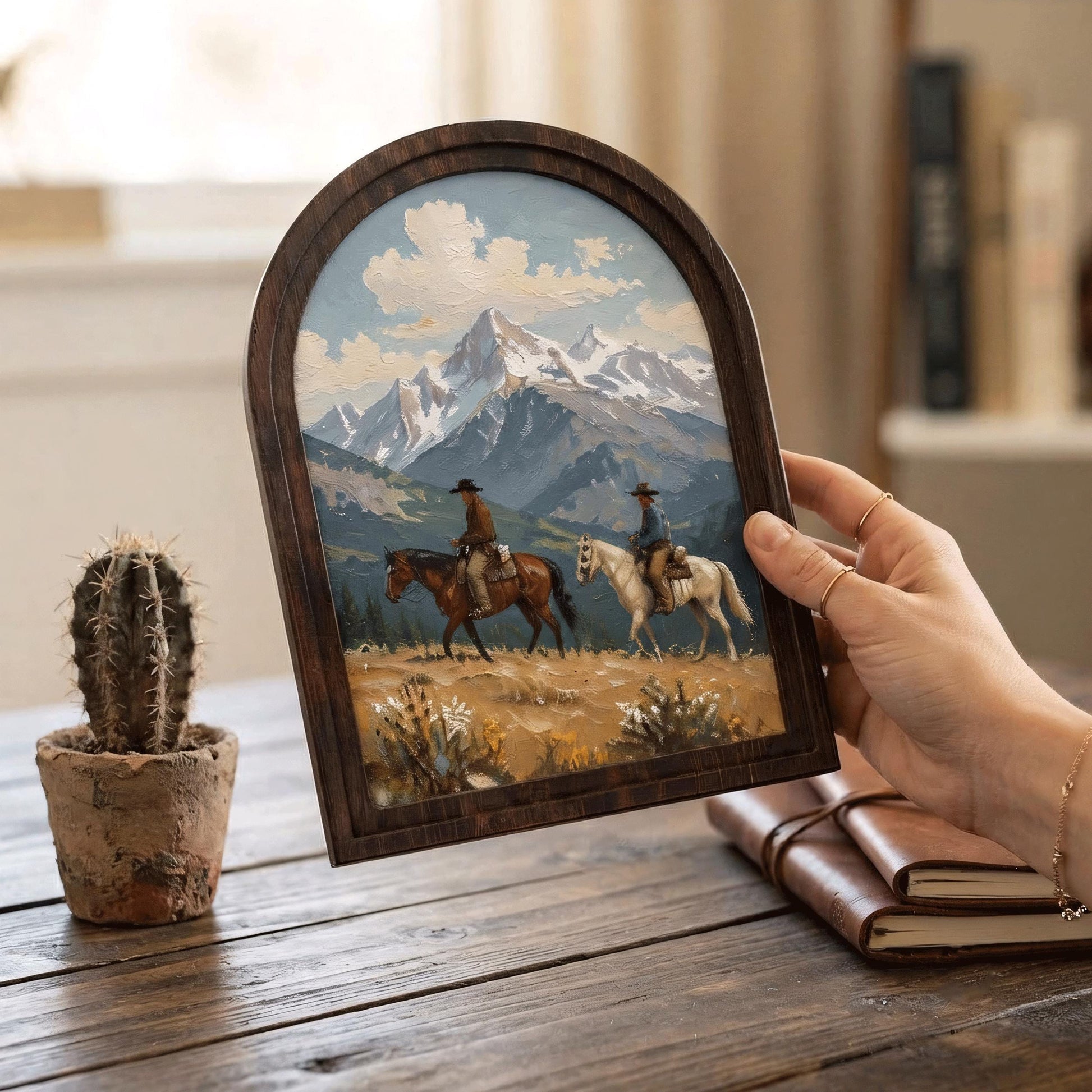 Western Cowboy Wall Art, Arched Wooden Frame, Horseback Mountain Landscape Canvas, Rustic Cabin Decor, Nature Lover Gift - Image 4