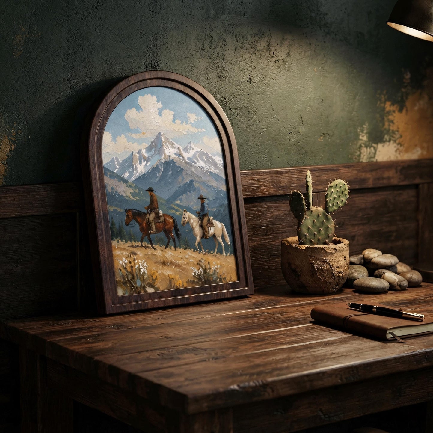 Western Cowboy Wall Art, Arched Wooden Frame, Horseback Mountain Landscape Canvas, Rustic Cabin Decor, Nature Lover Gift - Image 7