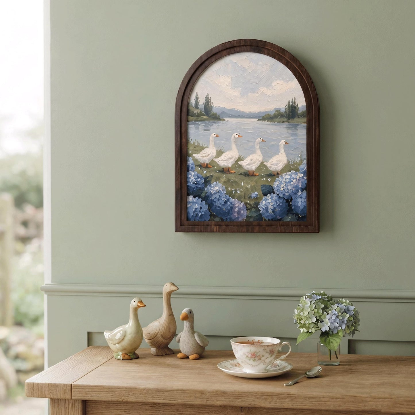 Duck Lake Wall Art, Serene Goose Landscape Painting, Arched Wood Frame, Cottagecore Farmhouse Decor, Coastal Nature Gift - Image 6