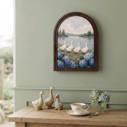 Duck Lake Wall Art, Serene Goose Landscape Painting, Arched Wood Frame, Cottagecore Farmhouse Decor, Coastal Nature Gift - Image 6