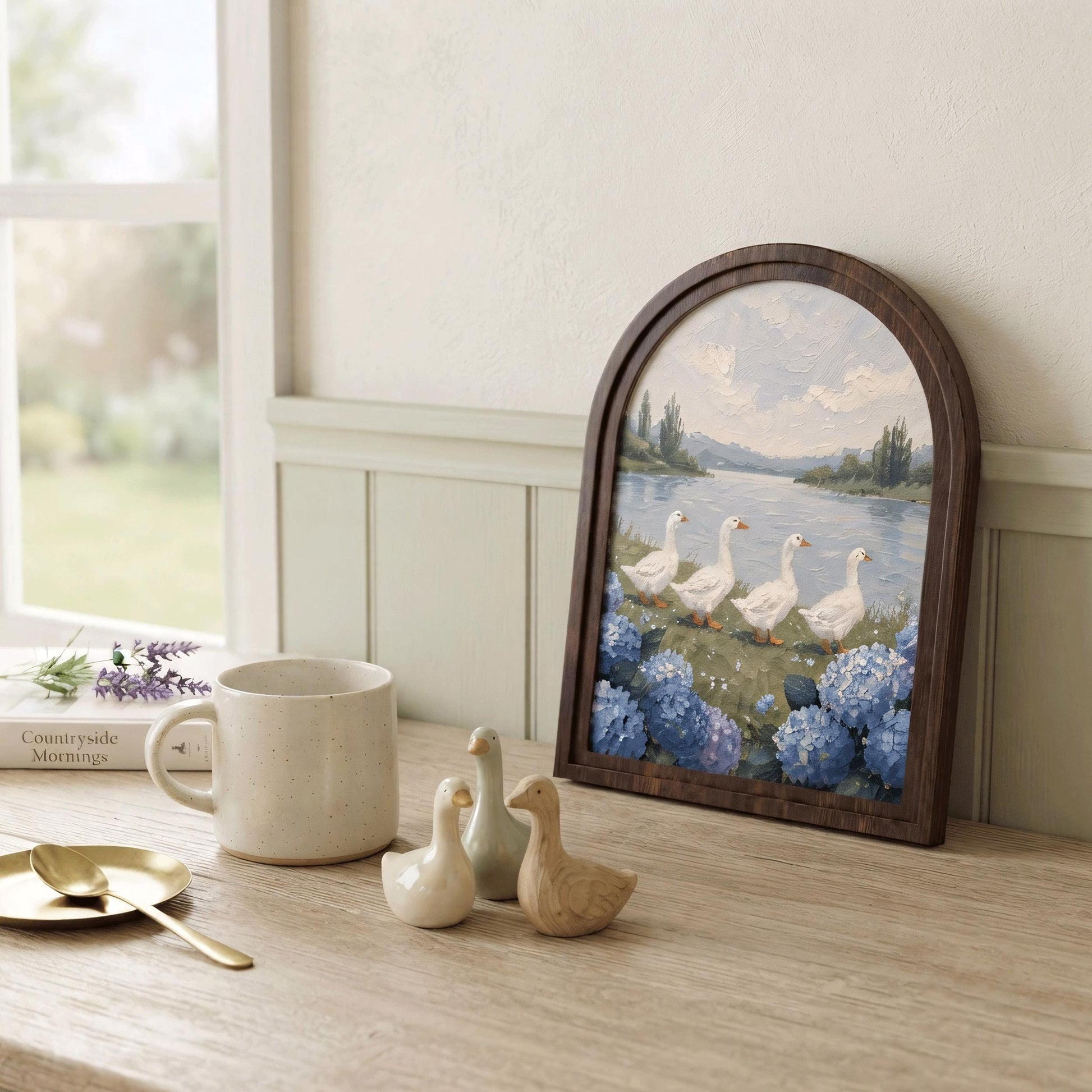 Duck Lake Wall Art, Serene Goose Landscape Painting, Arched Wood Frame, Cottagecore Farmhouse Decor, Coastal Nature Gift - Image 5