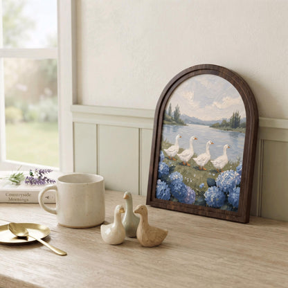 Duck Lake Wall Art, Serene Goose Landscape Painting, Arched Wood Frame, Cottagecore Farmhouse Decor, Coastal Nature Gift - Image 5