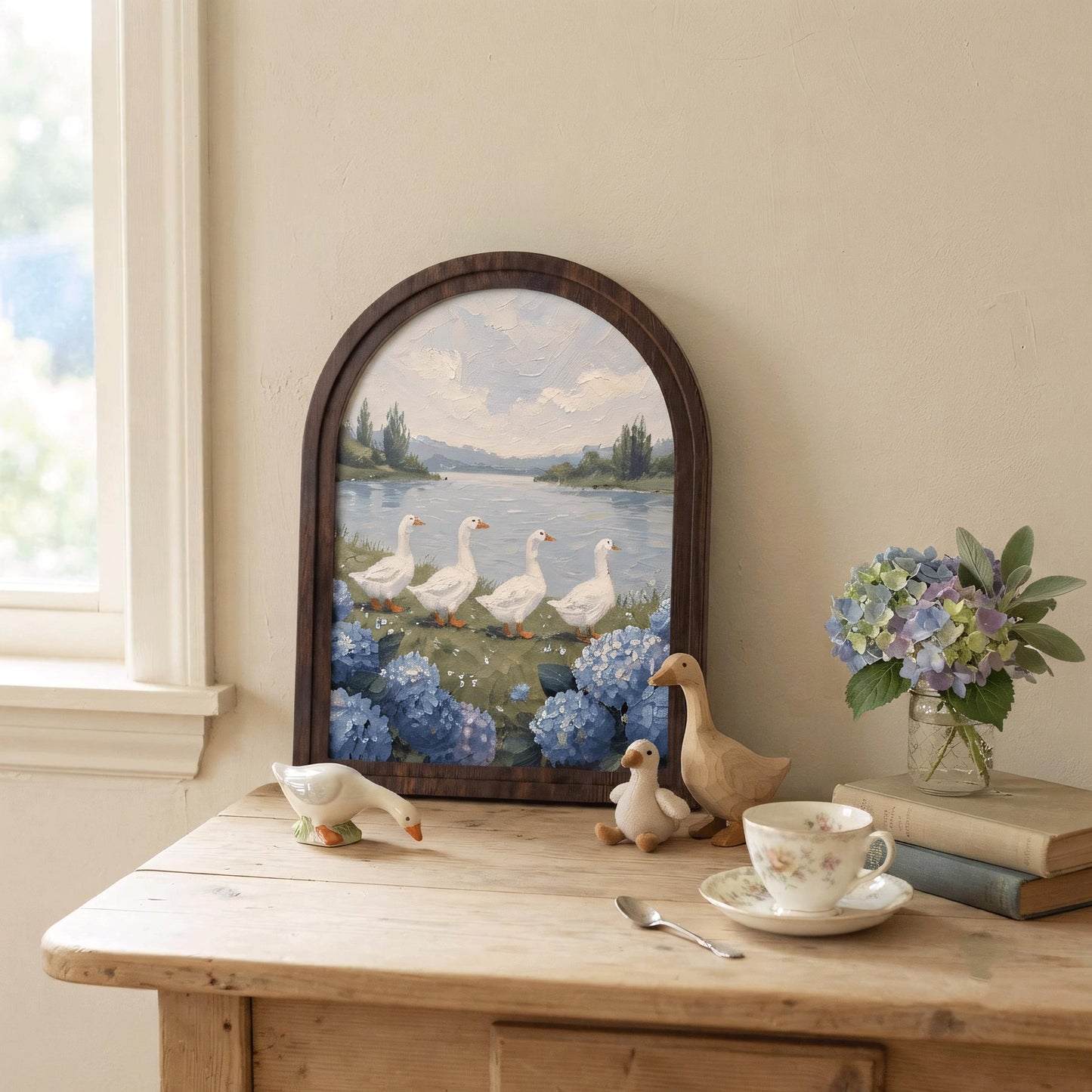 Duck Lake Wall Art, Serene Goose Landscape Painting, Arched Wood Frame, Cottagecore Farmhouse Decor, Coastal Nature Gift - Image 4