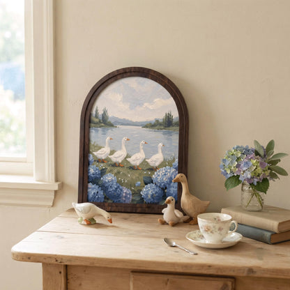 Duck Lake Wall Art, Serene Goose Landscape Painting, Arched Wood Frame, Cottagecore Farmhouse Decor, Coastal Nature Gift - Image 4