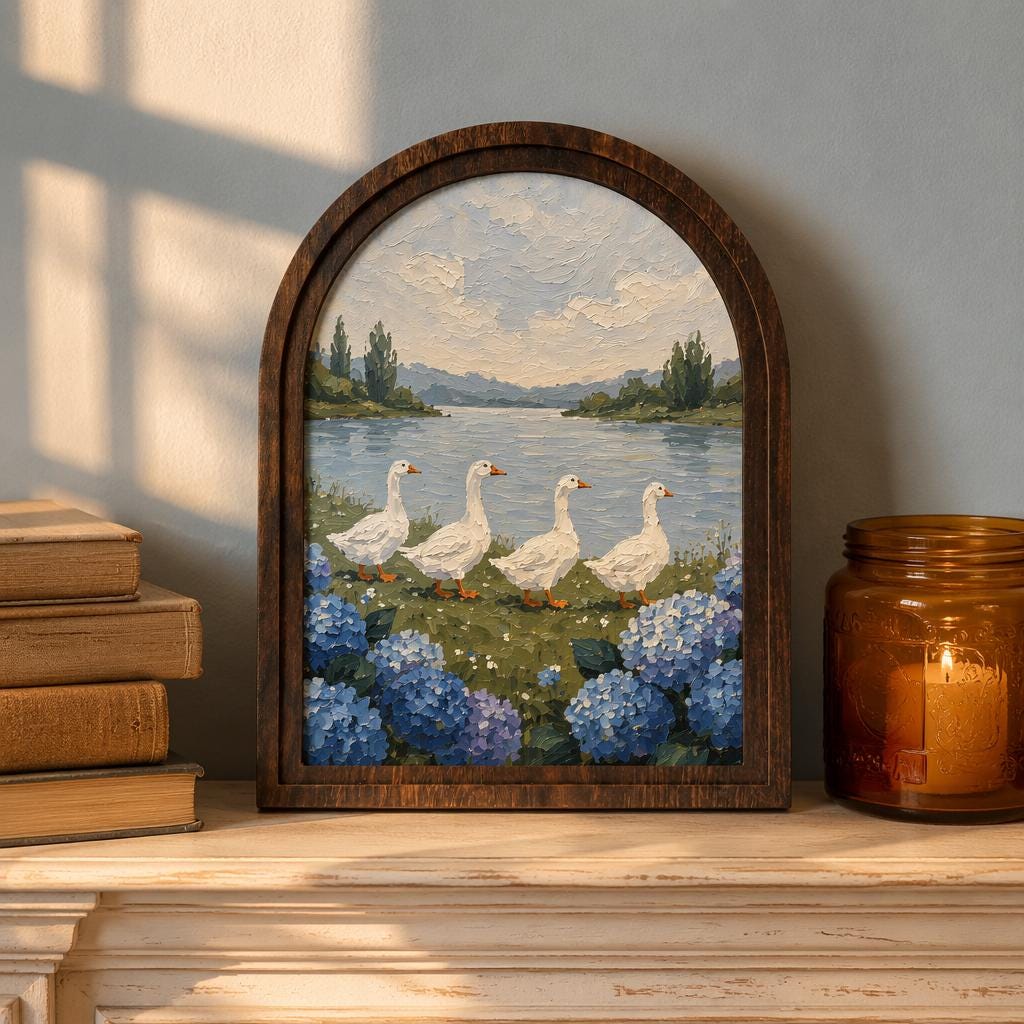 Duck Lake Wall Art, Serene Goose Landscape Painting, Arched Wood Frame, Cottagecore Farmhouse Decor, Coastal Nature Gift - Image 2