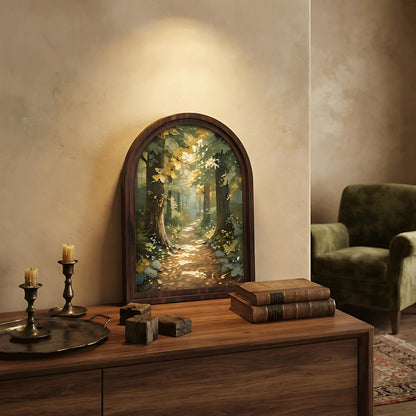 Enchanted Forest Path Wall Art in Arched Wood Frame, Vintage Woodland Landscape Canvas Print, Rustic Nature Decor, Cottagecore Wall Hanging - Image 6