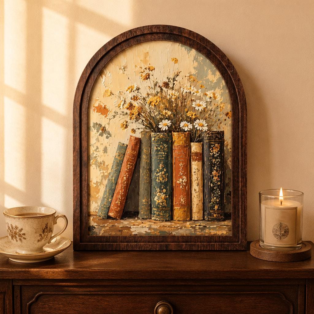 Floral Book Stack Wall Art, Arched Wood Frame, Vintage Library Artwork, Botanical Cottagecore Decor, Book Lover Gift, Reading Room Decor - Image 2