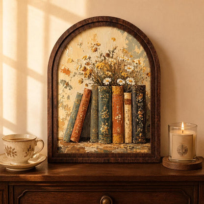 Floral Book Stack Wall Art, Arched Wood Frame, Vintage Library Artwork, Botanical Cottagecore Decor, Book Lover Gift, Reading Room Decor - Image 2