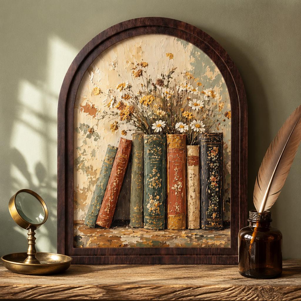 Floral Book Stack Wall Art, Arched Wood Frame, Vintage Library Artwork, Botanical Cottagecore Decor, Book Lover Gift, Reading Room Decor - Image 1