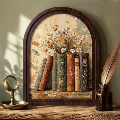 Floral Book Stack Wall Art, Arched Wood Frame, Vintage Library Artwork, Botanical Cottagecore Decor, Book Lover Gift, Reading Room Decor - Image 1