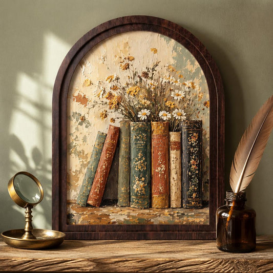 Floral Book Stack Wall Art, Arched Wood Frame, Vintage Library Artwork, Botanical Cottagecore Decor, Book Lover Gift, Reading Room Decor - Image 1