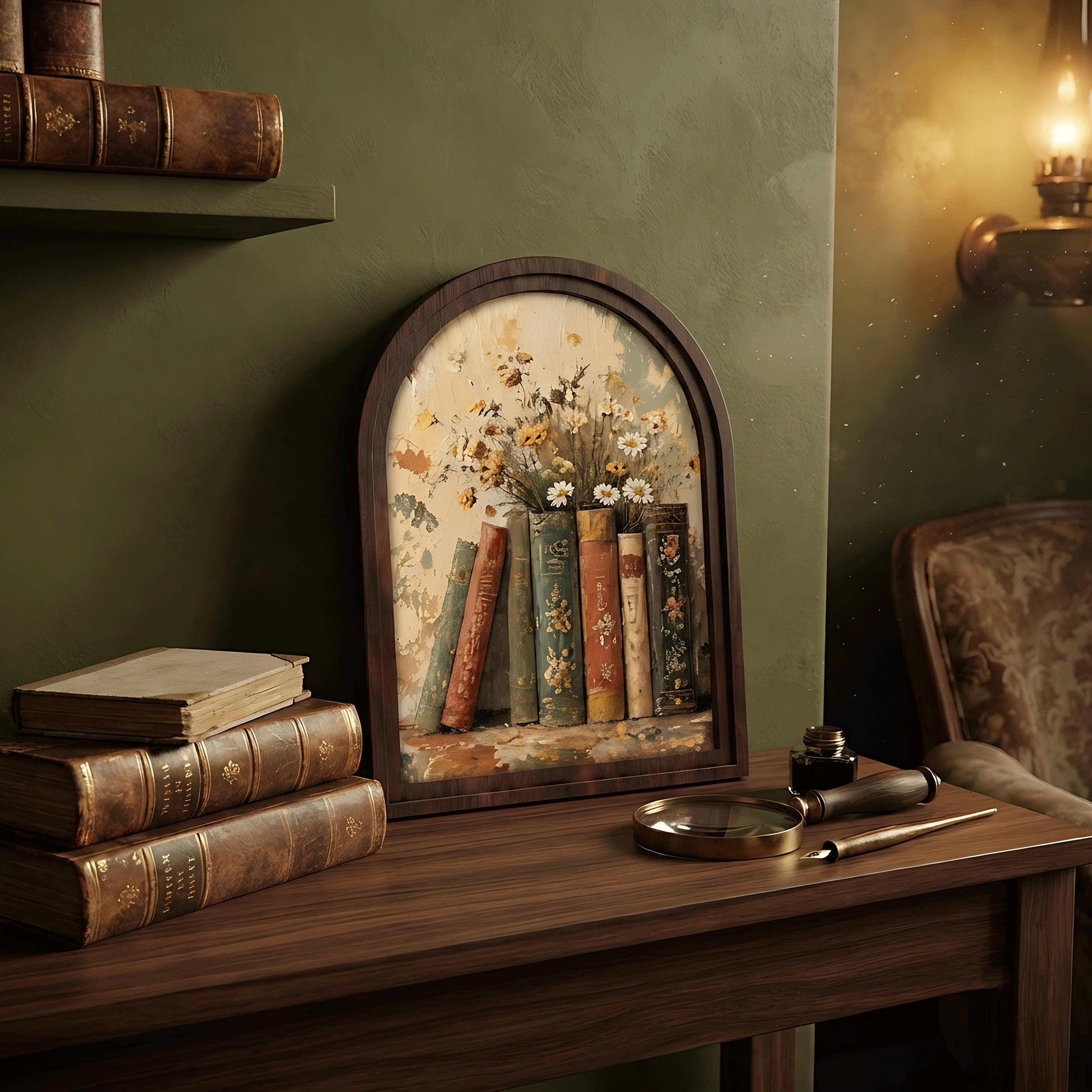 Floral Book Stack Wall Art, Arched Wood Frame, Vintage Library Artwork, Botanical Cottagecore Decor, Book Lover Gift, Reading Room Decor - Image 3
