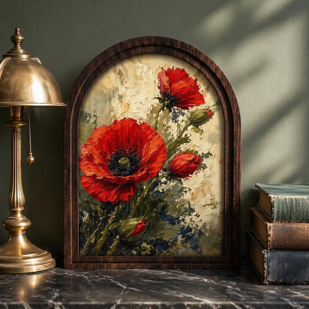 Red Poppy Wall Art in Arched Wood Frame, Vintage Botanical Canvas Print, Vibrant Floral Decor, Rustic Home Accent for Living Room - Image 1