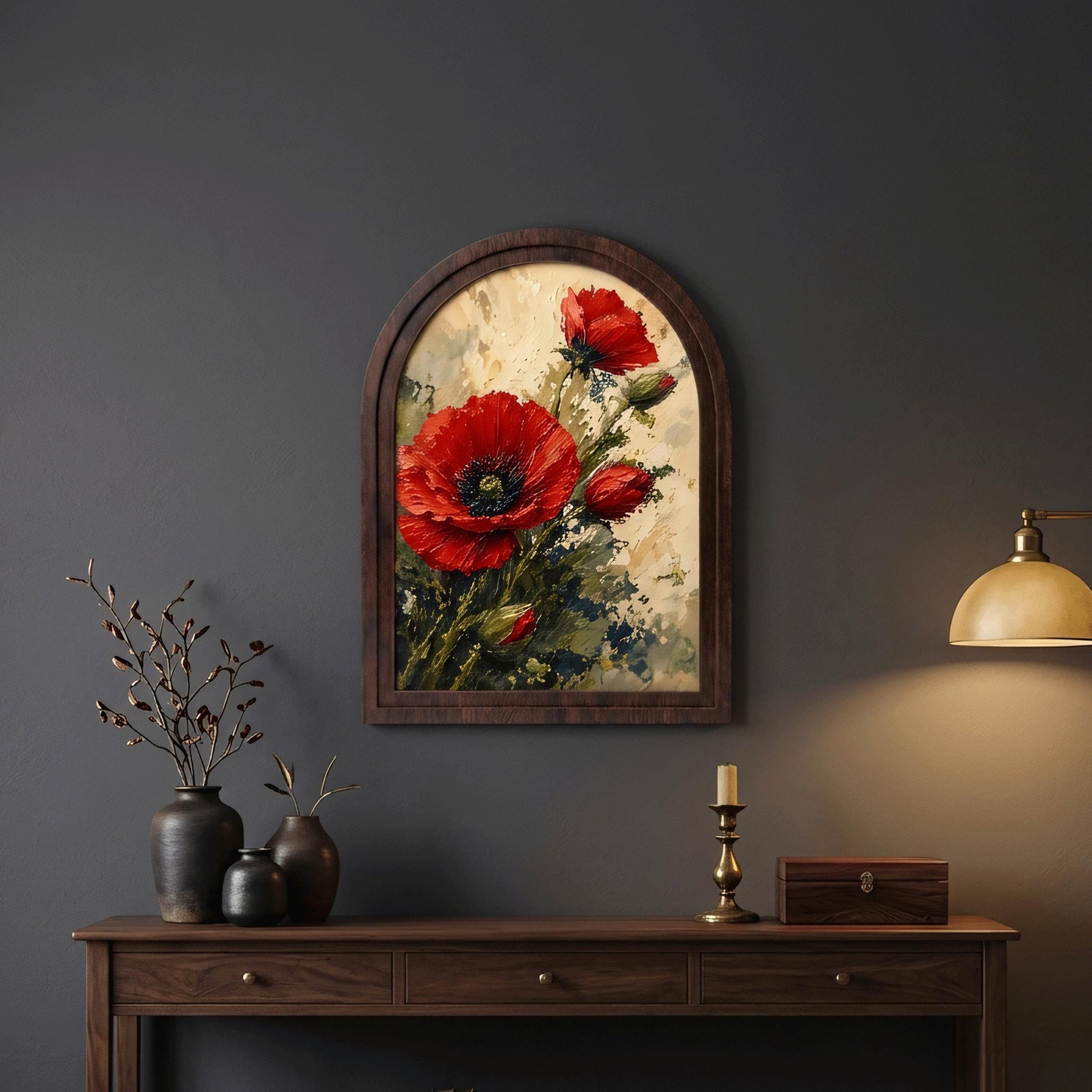 Red Poppy Wall Art in Arched Wood Frame, Vintage Botanical Canvas Print, Vibrant Floral Decor, Rustic Home Accent for Living Room - Image 3