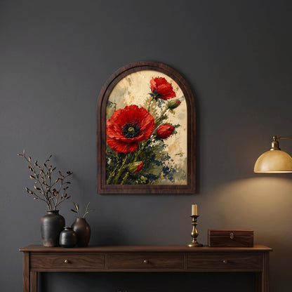 Red Poppy Wall Art in Arched Wood Frame, Vintage Botanical Canvas Print, Vibrant Floral Decor, Rustic Home Accent for Living Room - Image 3
