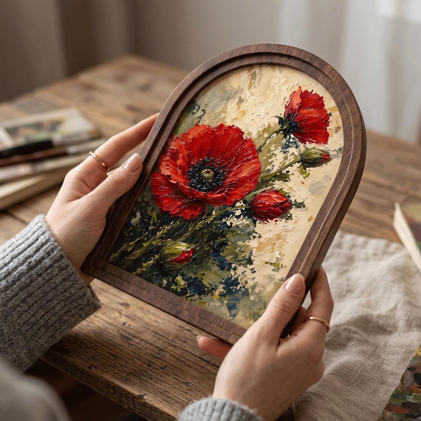 Red Poppy Wall Art in Arched Wood Frame, Vintage Botanical Canvas Print, Vibrant Floral Decor, Rustic Home Accent for Living Room - Image 2