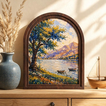Arched Framed Mountain Lake Wall Art, Scenic Tree & Boat Landscape Painting, Wooden Frame Nature Decor, Vintage Home Accent - Image 1