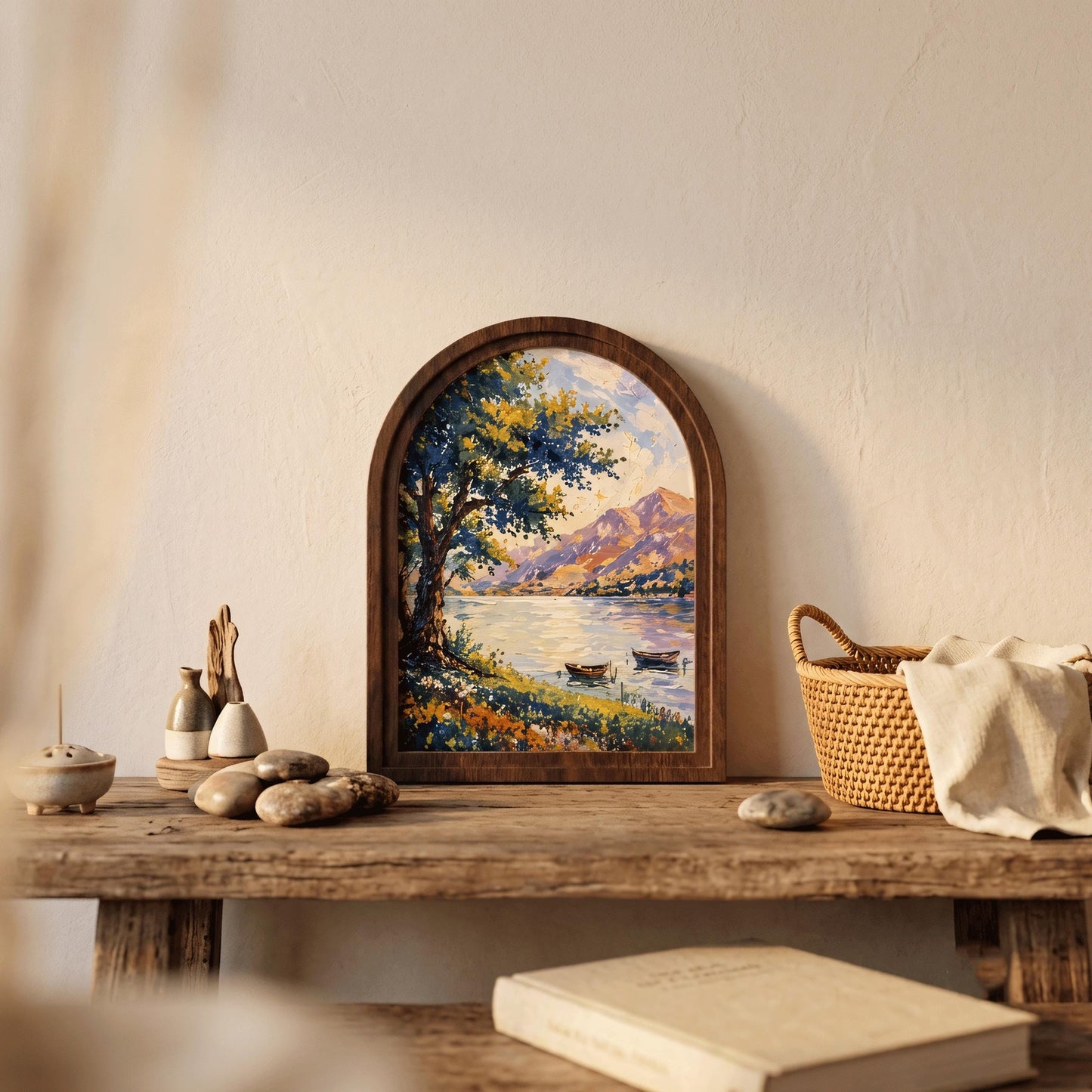 Arched Framed Mountain Lake Wall Art, Scenic Tree & Boat Landscape Painting, Wooden Frame Nature Decor, Vintage Home Accent - Image 3