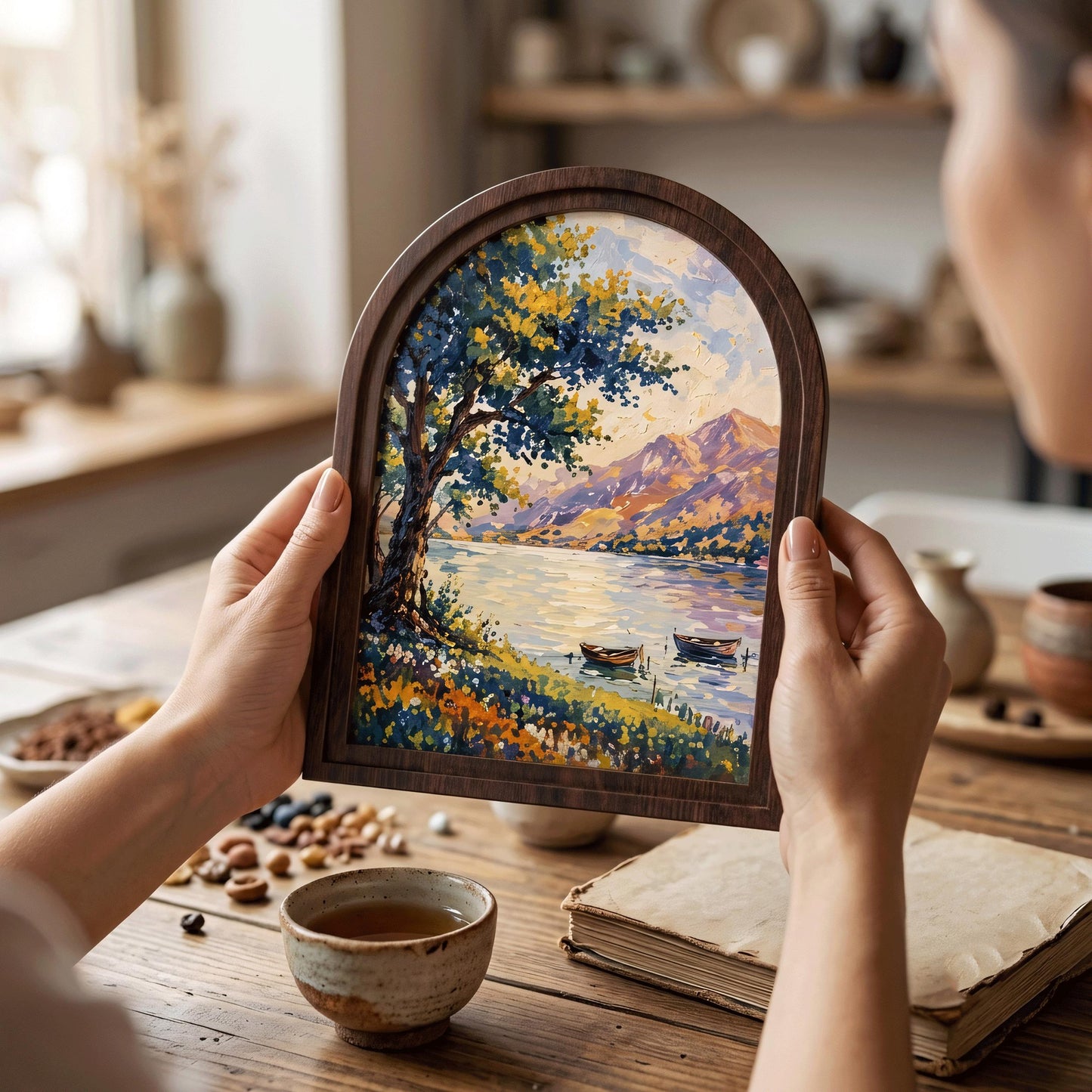 Arched Framed Mountain Lake Wall Art, Scenic Tree & Boat Landscape Painting, Wooden Frame Nature Decor, Vintage Home Accent - Image 4