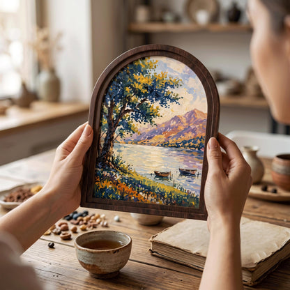 Arched Framed Mountain Lake Wall Art, Scenic Tree & Boat Landscape Painting, Wooden Frame Nature Decor, Vintage Home Accent - Image 4